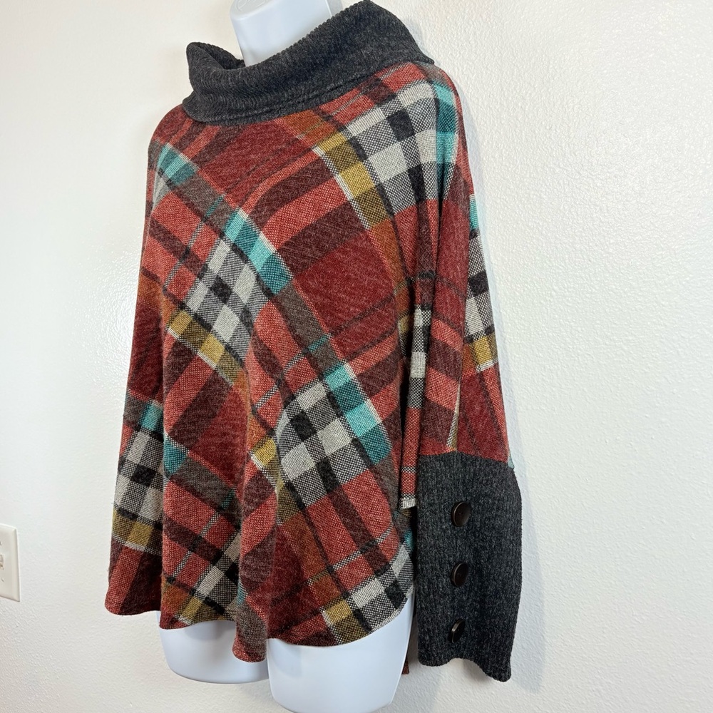 Chris & Carol Multicolor Plaid Cowl Neck Artsy Boho Lagenloom Poncho Sweater 2XL - Picture 2 of 15
